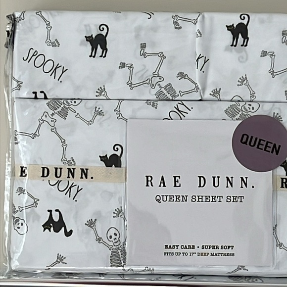 HTF Rae Dunn Halloween Spooky Dancing Skeletons Black Cat Queen Sheet Set - Picture 2 of 10